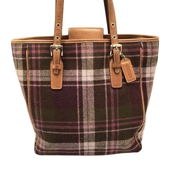 Coach plaid fabric and leather tote bag
